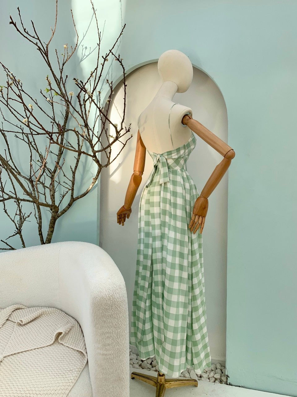 Check open-back maxi dress