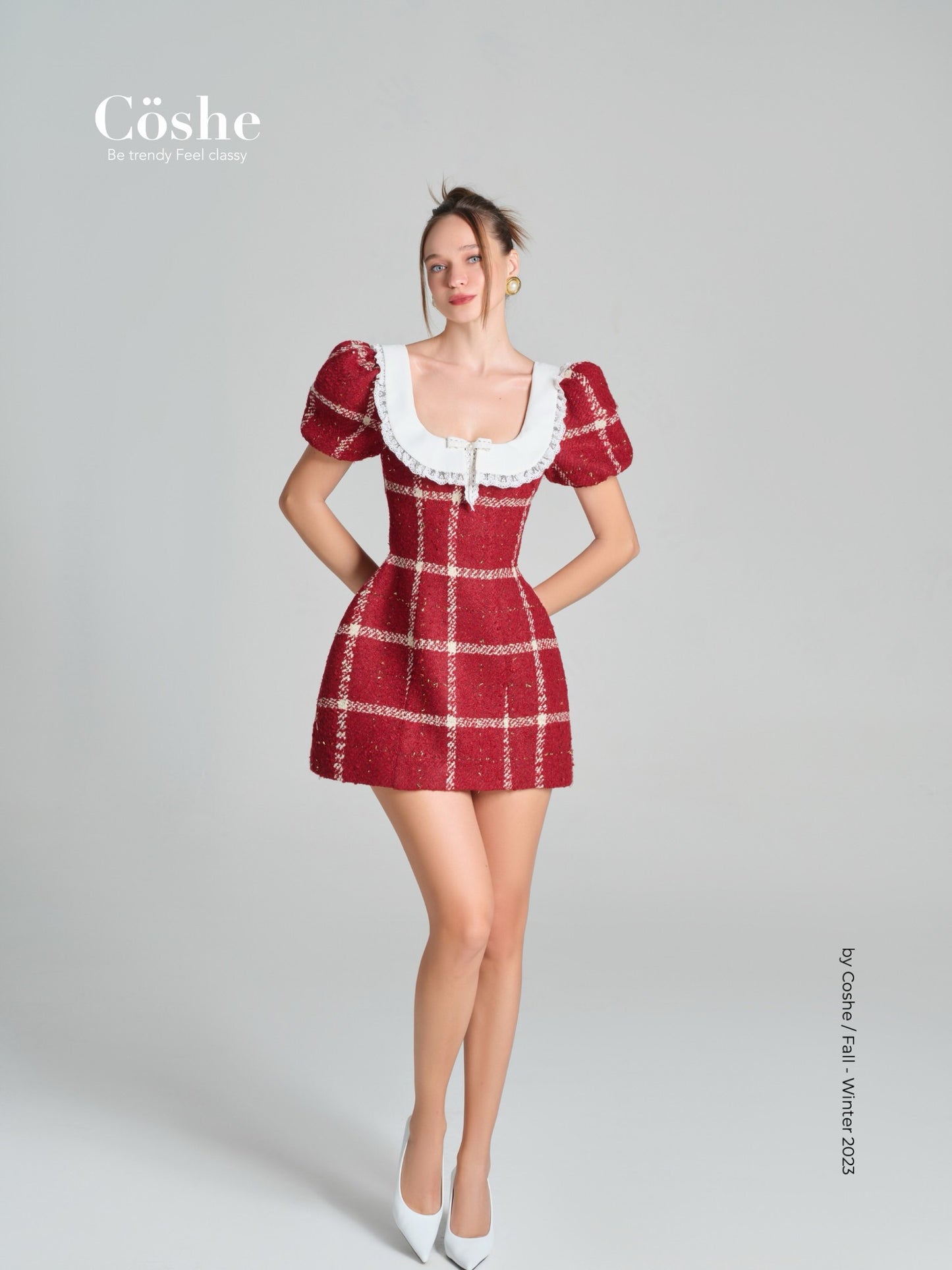 Puffed-Sleeves Tweed Dress