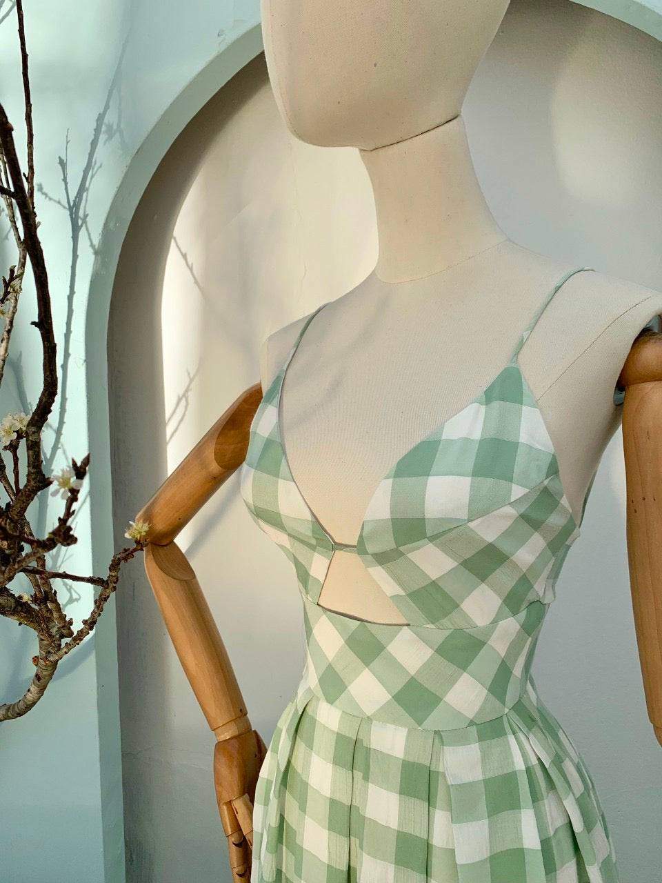 Check open-back maxi dress