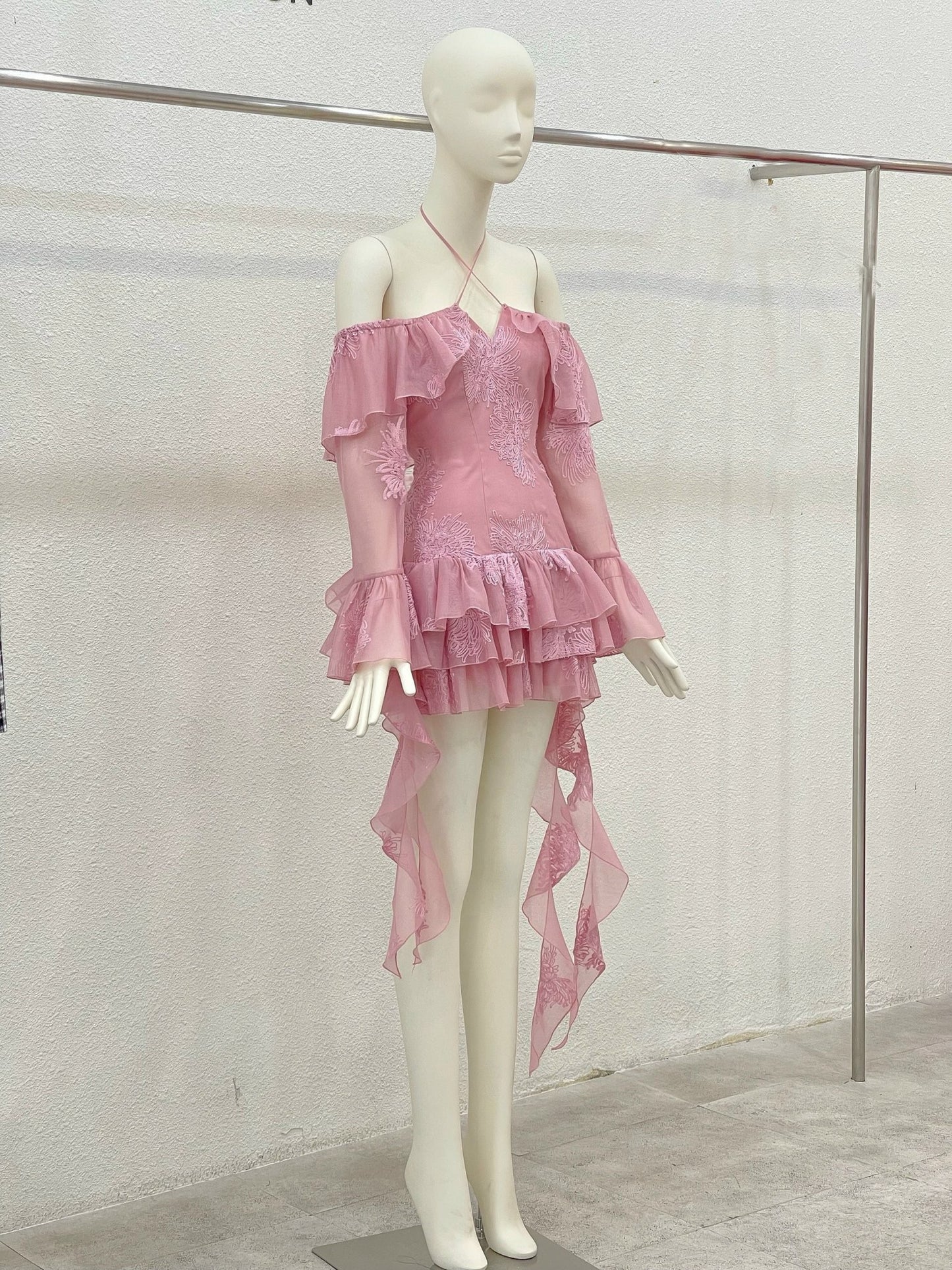 Open-shoulder Ruffle Mini Dress
