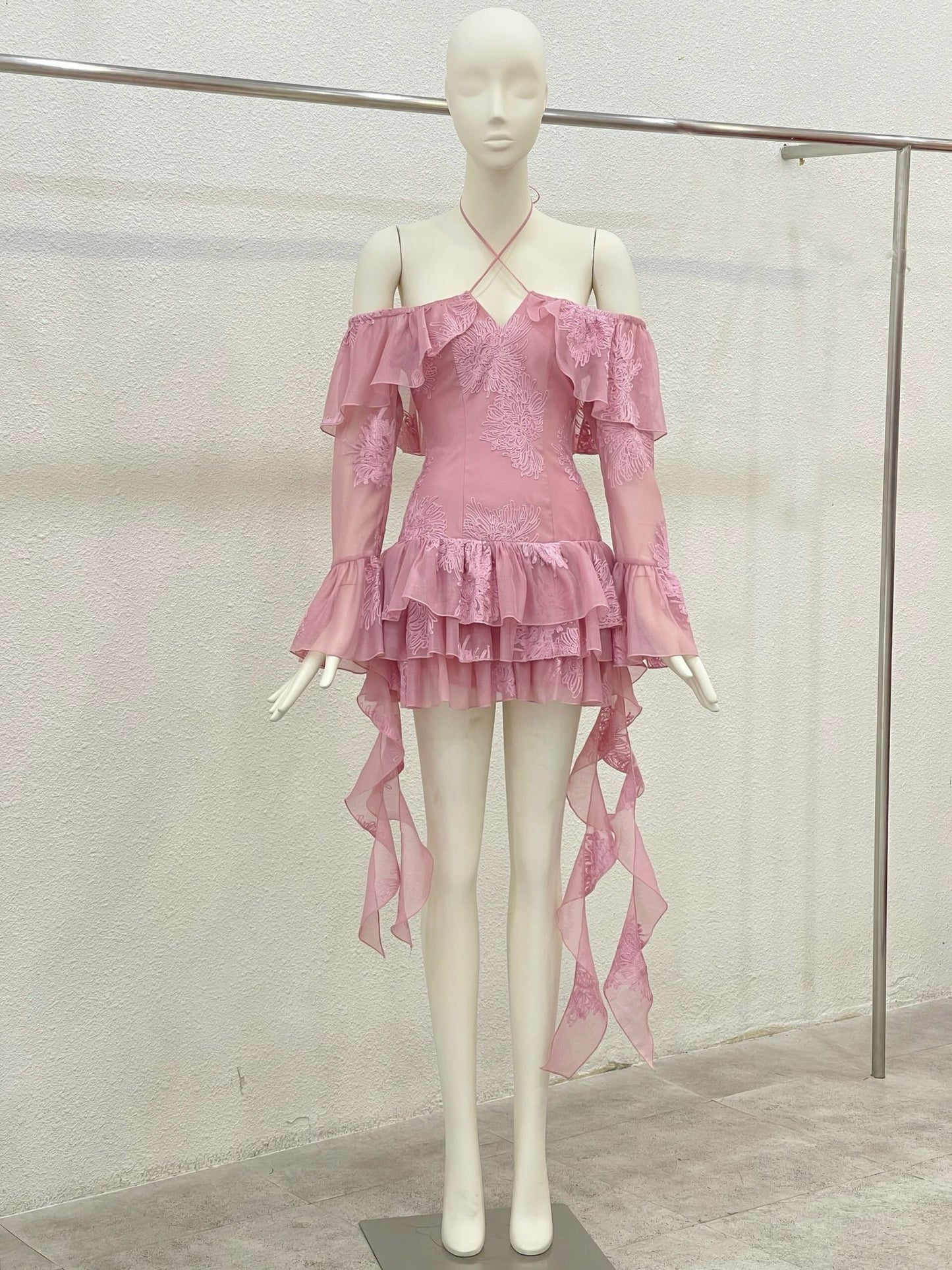 Open-shoulder Ruffle Mini Dress
