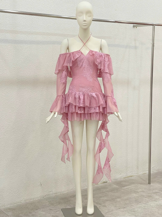 Open-shoulder Ruffle Mini Dress