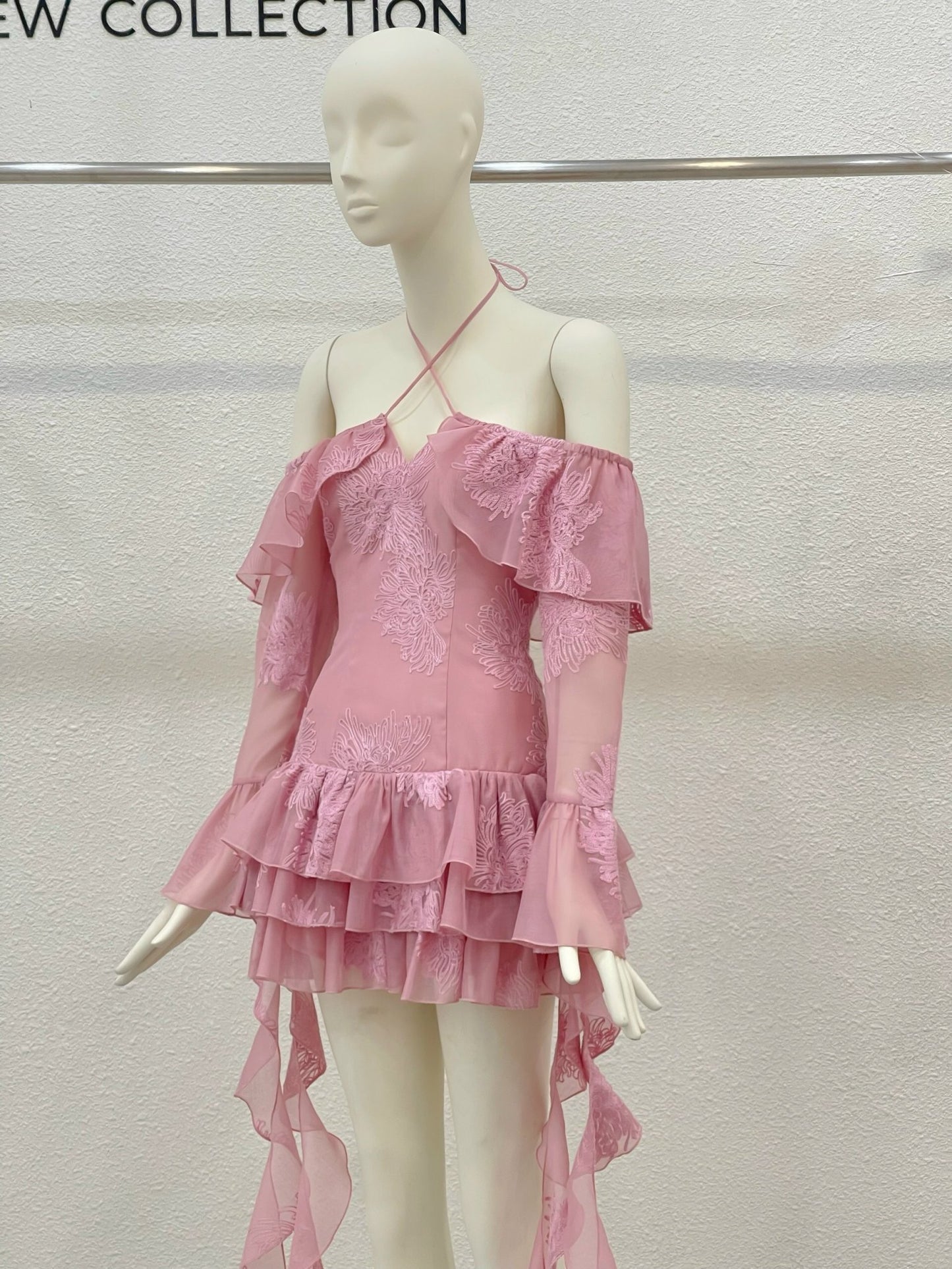 Open-shoulder Ruffle Mini Dress