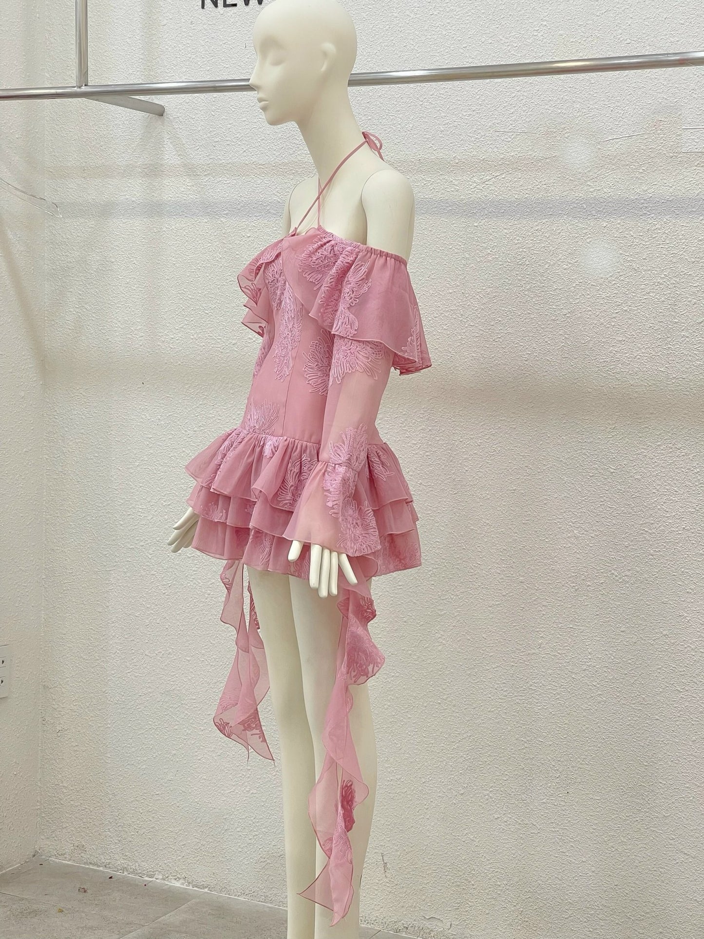 Open-shoulder Ruffle Mini Dress