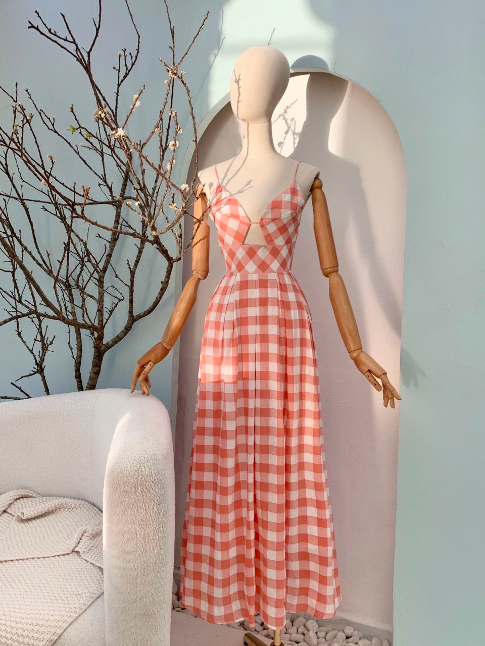 Check open-back maxi dress