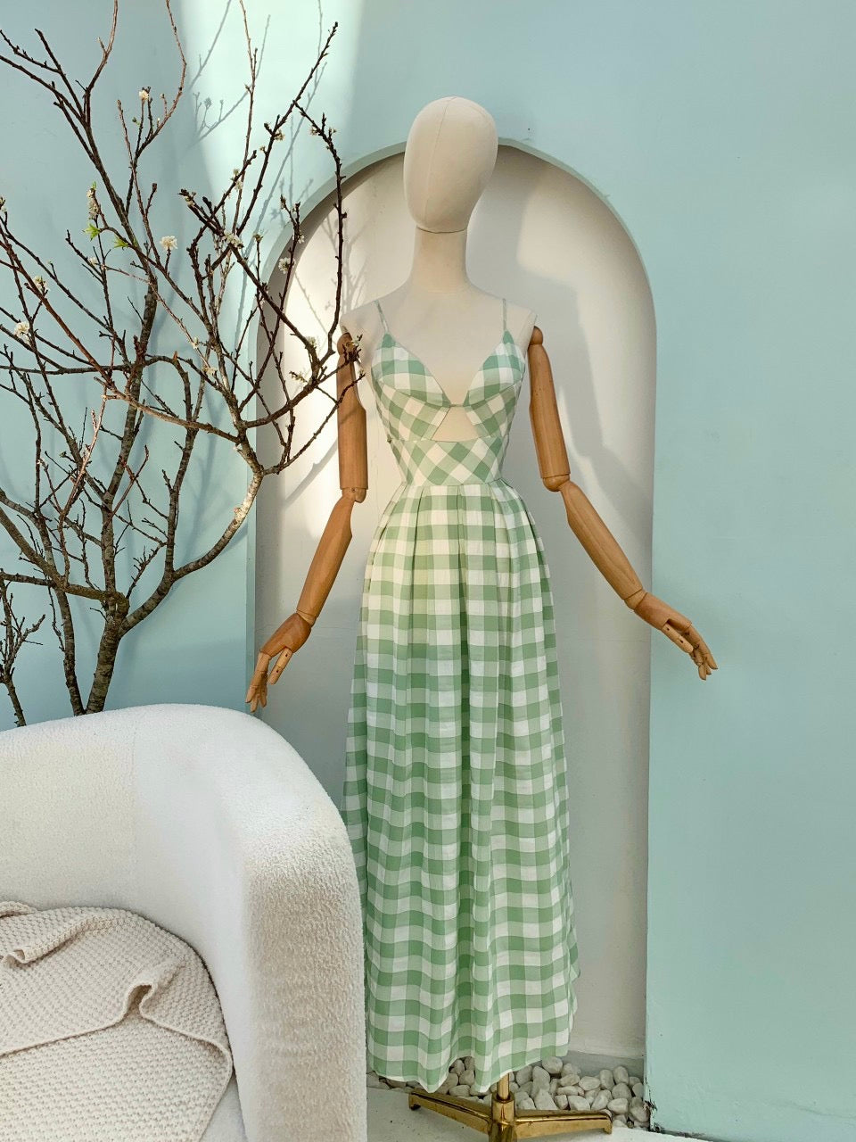 Check open-back maxi dress