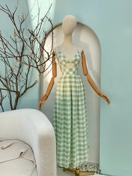 Check open-back maxi dress